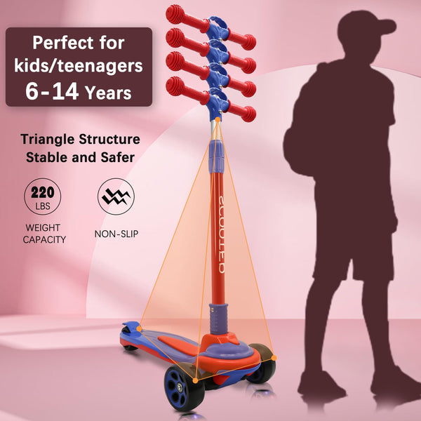 3 Wheels Kids Scooter for 5+ Years Old Boys Girls Teenager Foldable 4 Adjustable Handlebar from 32" - 40" Wide Flashing LED Wheels