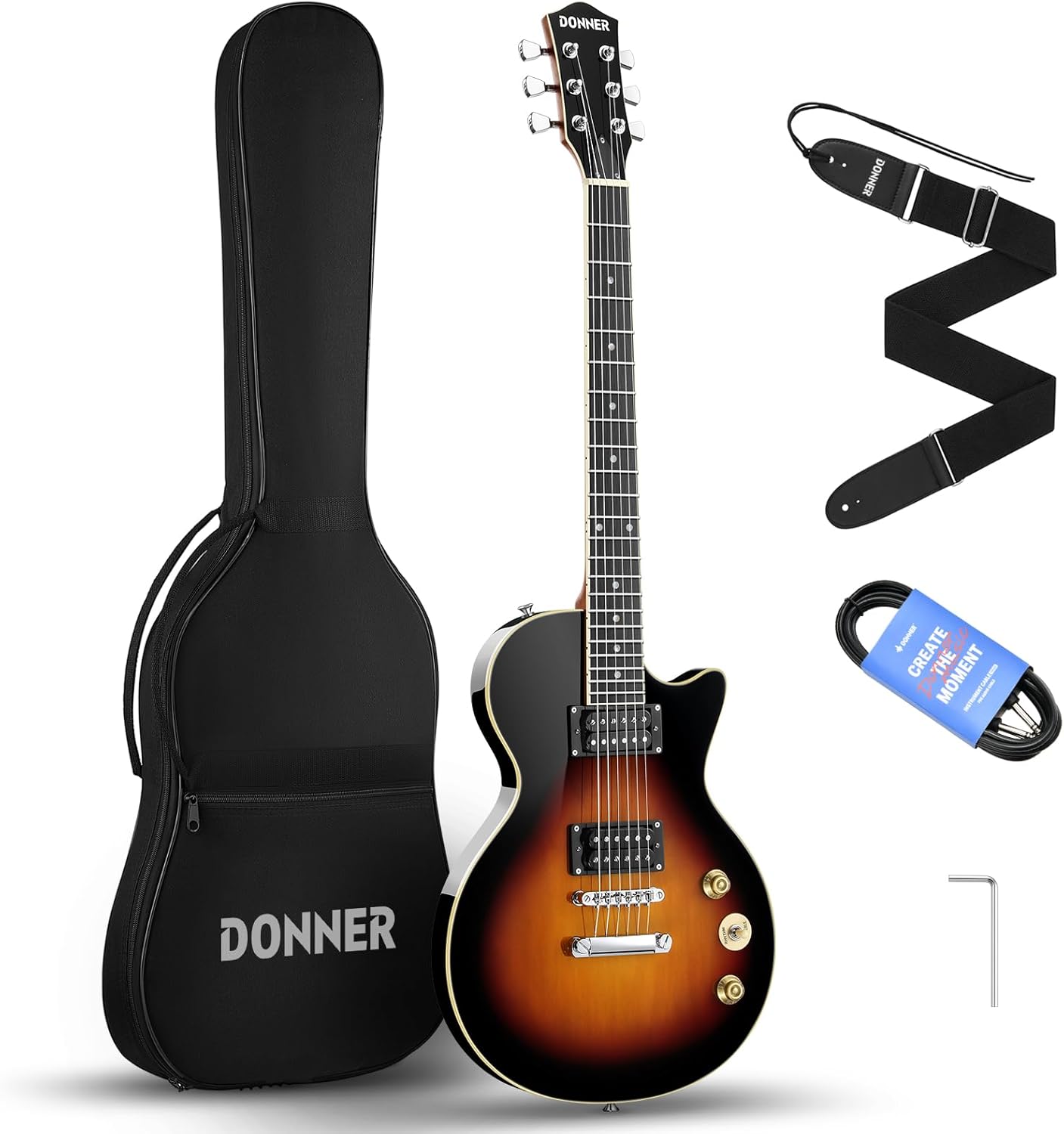 Donner Electric Guitar Kit Full Size LP Guitar Starter Set 39 Inch Solid Body with Bag, Strap, Cable (Sunburst)