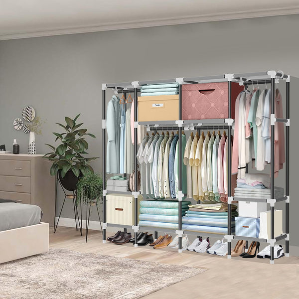 HESMENO Portable Wardrobe, Clothes Closet Storage Organizer with Hanging Rail & Shelves, Foldable Closet with Cloth Cover Quick and Easy to Assemble,