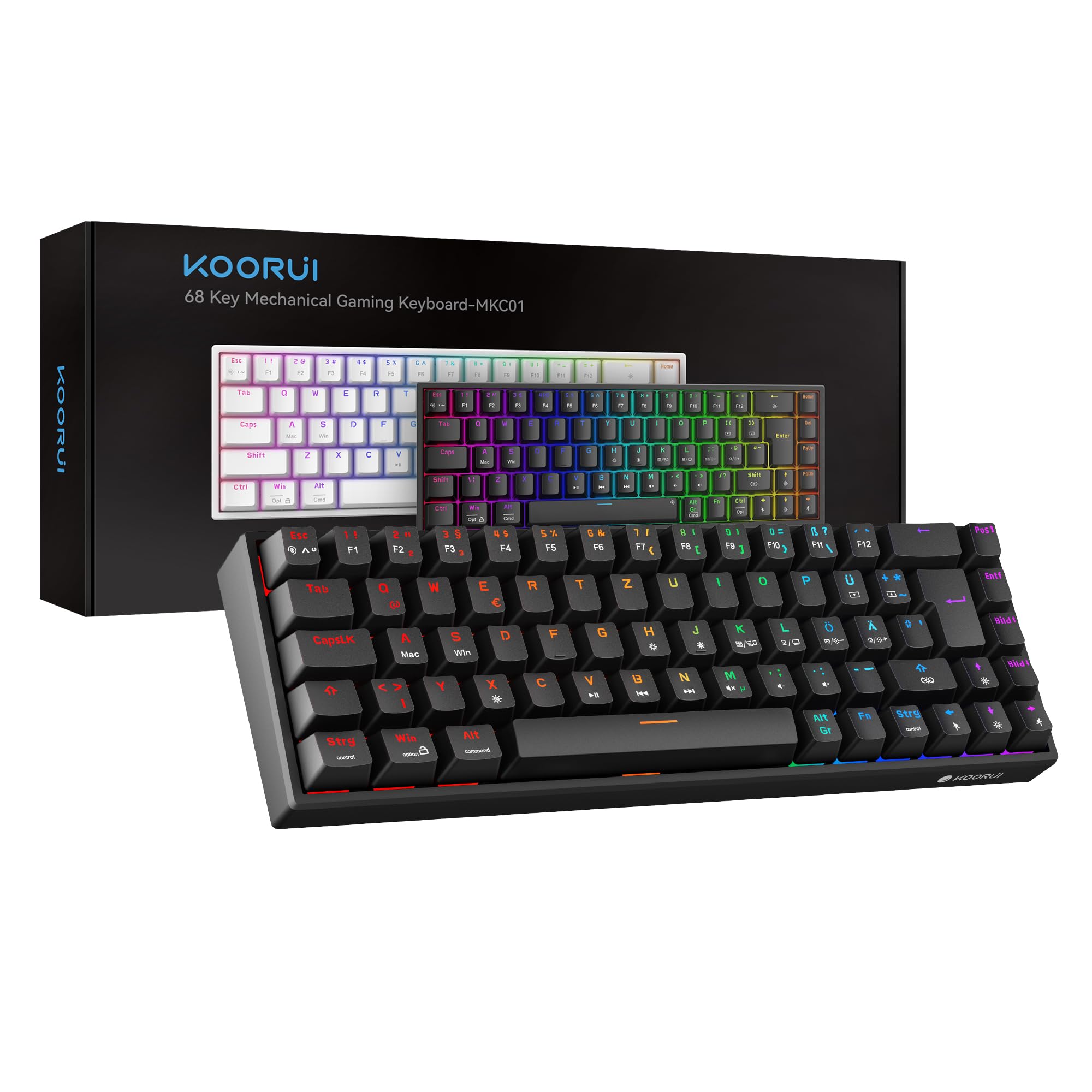 KOORUI 60% Mechanical Gaming Keyboard, Mixed Colors LED Backlit Ultra-Compact 69 Keys, Mini Wired Keyboard with Blue Switch for Windows Laptop PC/Mac OS/Xbox-BLACK(Blue Switch)
