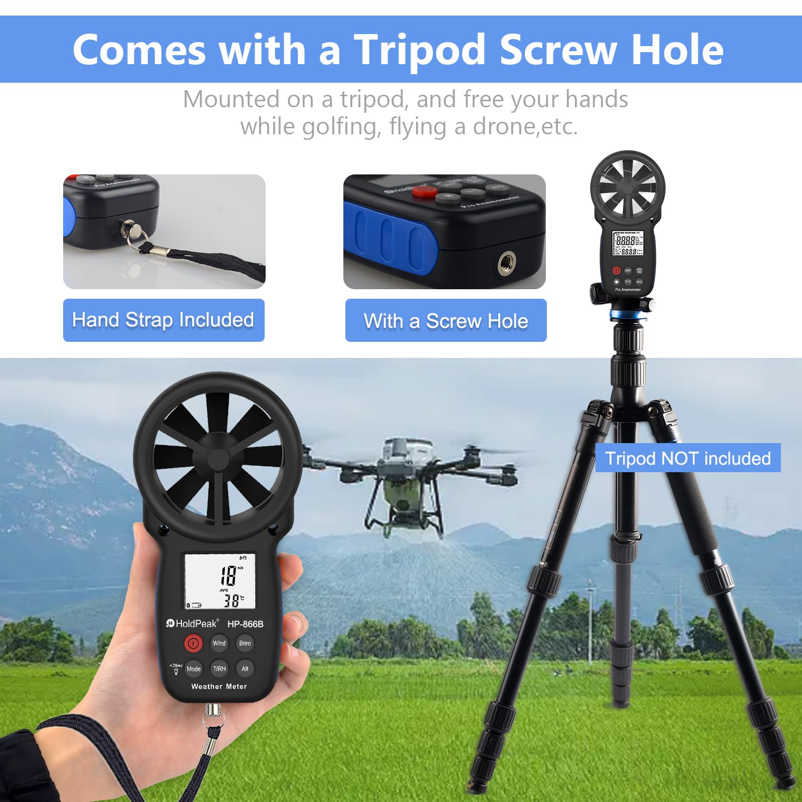 H HOLDPEAK Handheld Anemometer, Digital Wind Speed Meter for Air Velocity, Digital Laser Infrared Thermometer -50 to 550? with Adjustable Emissivity,