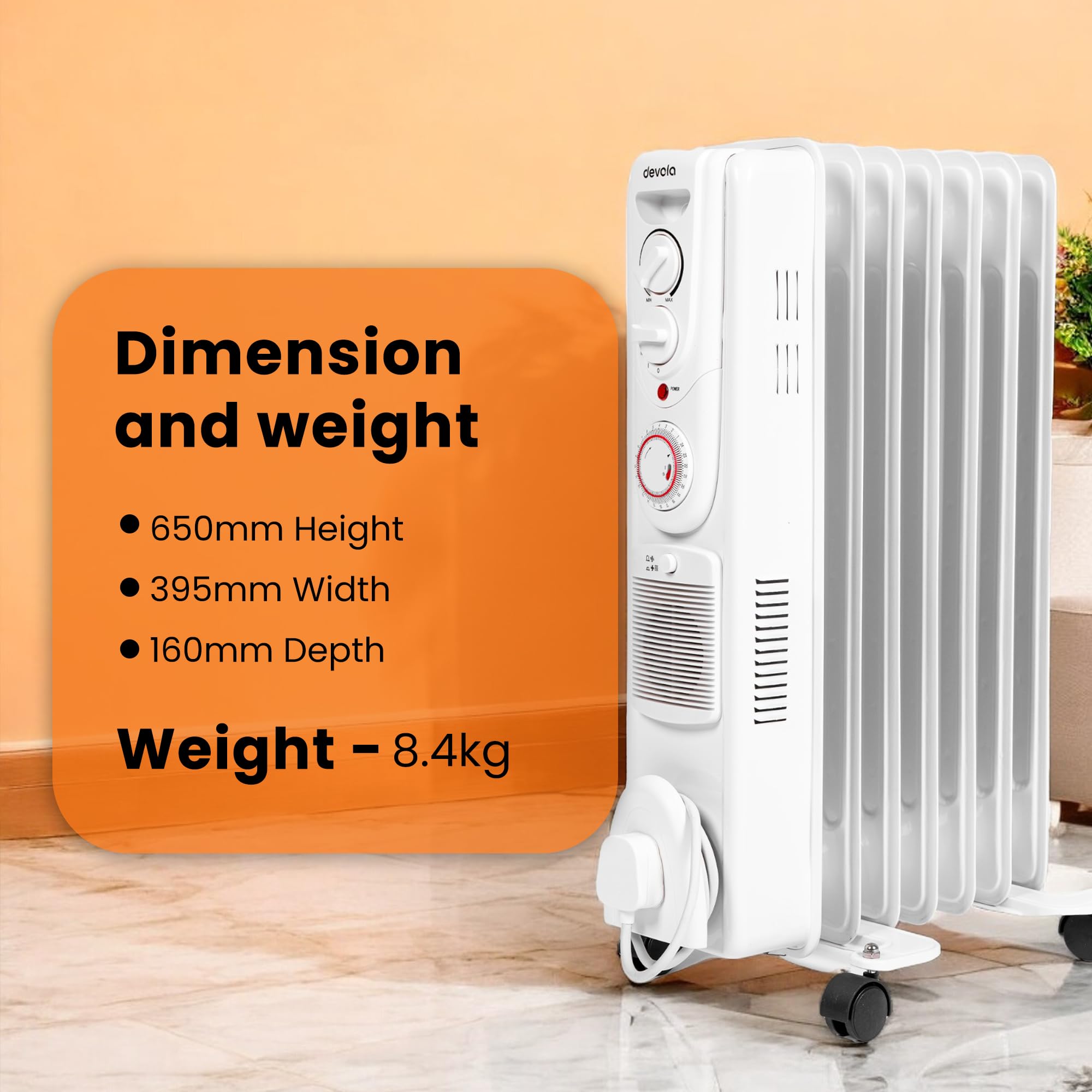 Devola 1500W 5 Fin Oil Filled Radiator, Low Energy Electric Heater with Thermal Fuse for Overheat Cut Off, Adjustable Heating Dial, Turbo Heating Option via PTC Fan, 24 Hour Timer - DVSOR5F15W (White)