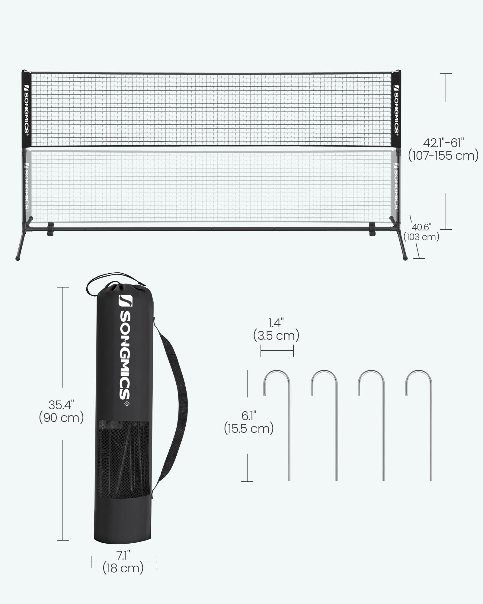 SONGMICS 3 m Badminton Net, Volleyball Net, Adjustable Poles Height, Portable Set for Tennis