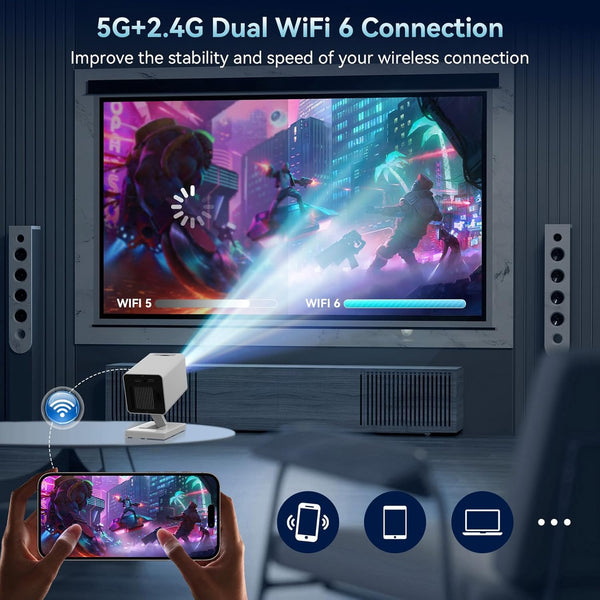 Mini Projector with WIFI 6 and Bluetooth, 4K 1080P Support Portable Projector 200'' Screen Movie Projector Auto Keystone Compatible for Laptop, PC, Smartphone