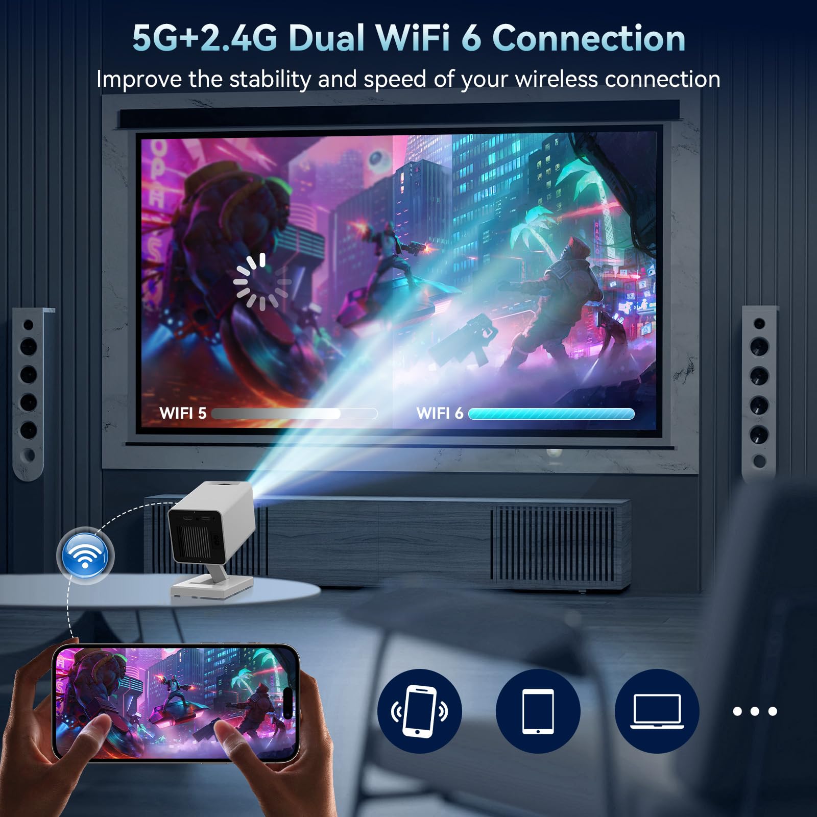 Mini ProjectorProjector with WIFI 6 and Bluetooth, 4K 1080P Support Portable Projector Movie Auto Keystone for Laptop, PC, Smartphone