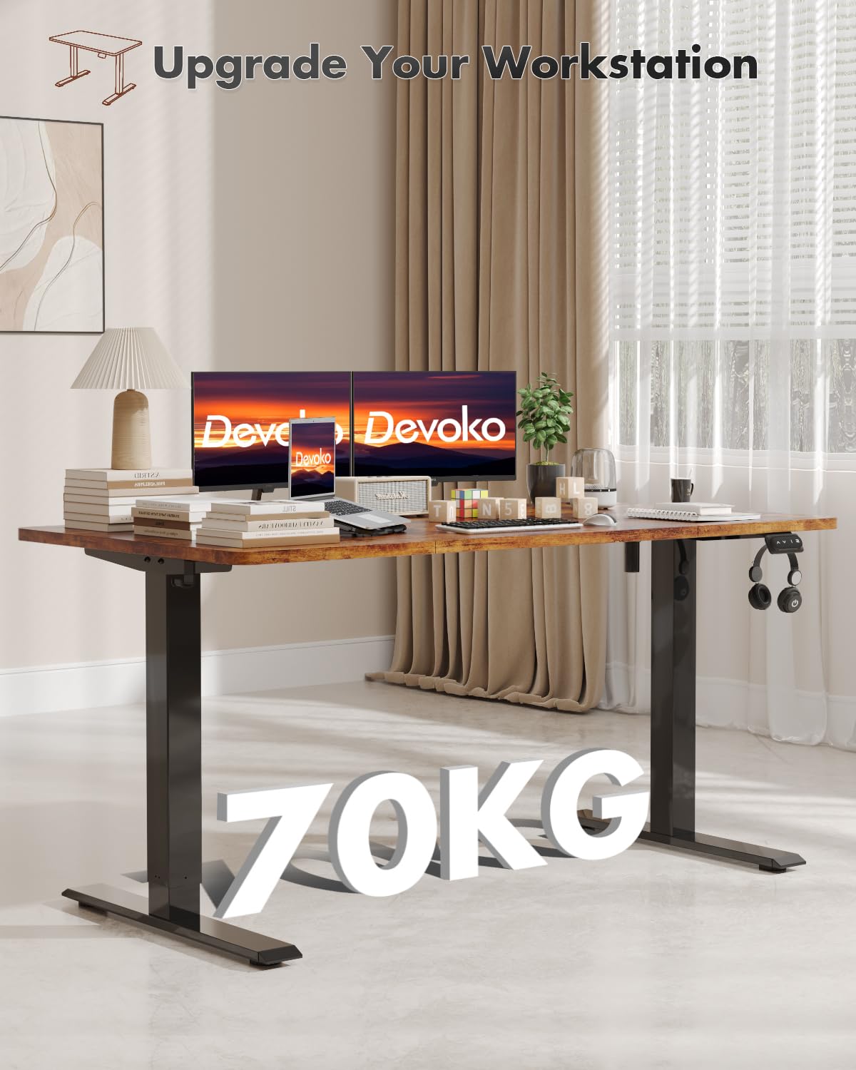 Devoko Electric Standing Desk 120x60cm Sit Stand Table Height Adjustable with Backpack Hook and Memory Smart Pannel, Home Office, White