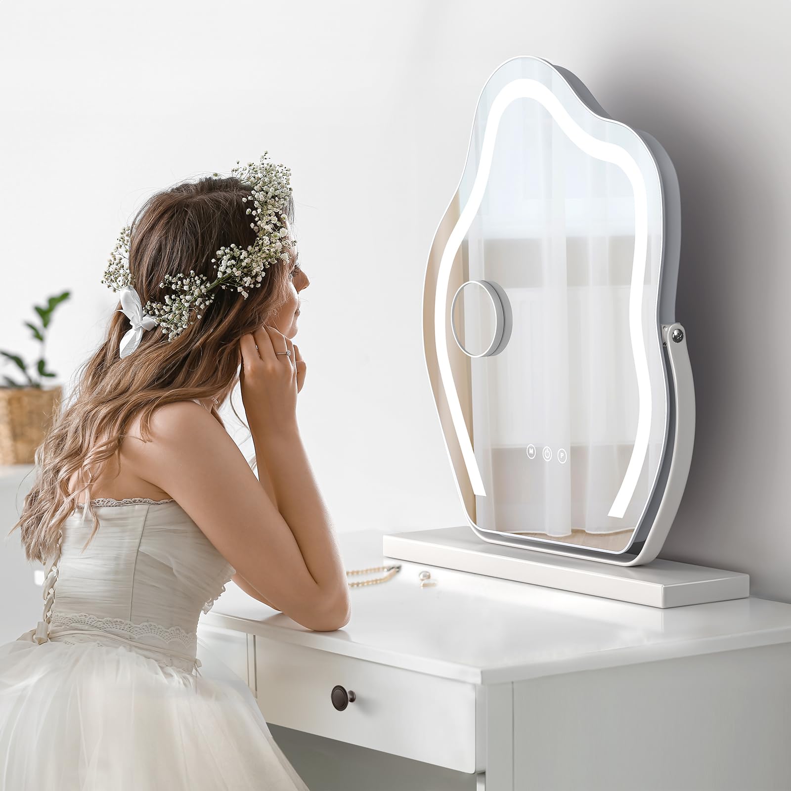 Dripex Hollywood LED Vanity Mirror, Cloud Shaped Rotatable Makeup Mirror with 3 Color Modes Dimmable Strip Light, Touch Screen Control, Illuminate