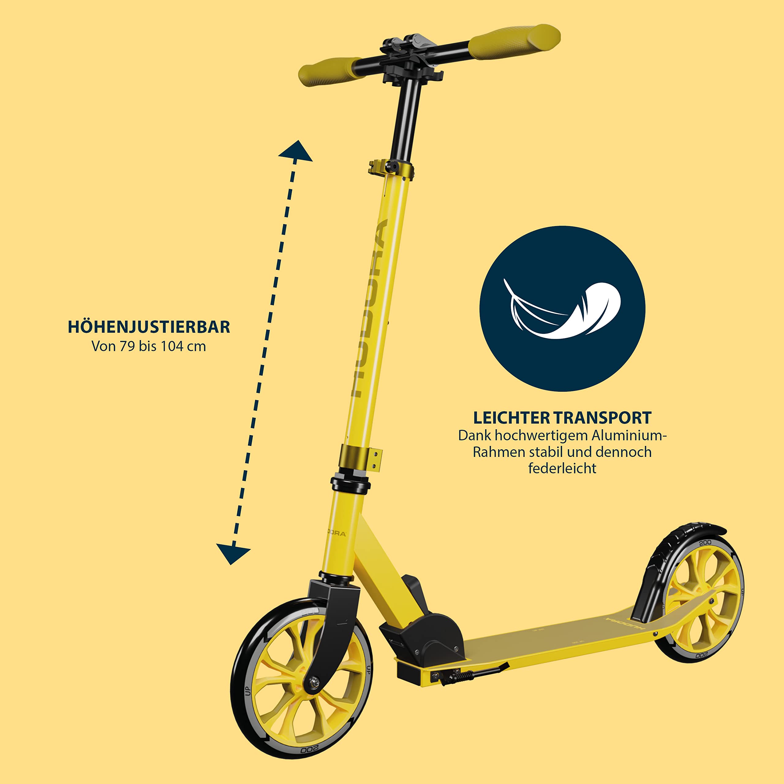 HUDORA Scooter Up 200 - Quiet aluminium scooter for up to 100kg - Adjustable in height & foldable kick scooter - Jolt-free kick scooter for children /