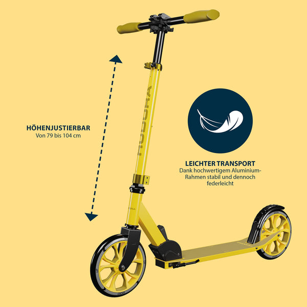 HUDORA Scooter Up 200 - Quiet aluminium scooter for up to 100kg - Adjustable in height & foldable kick scooter - Jolt-free kick scooter for children /