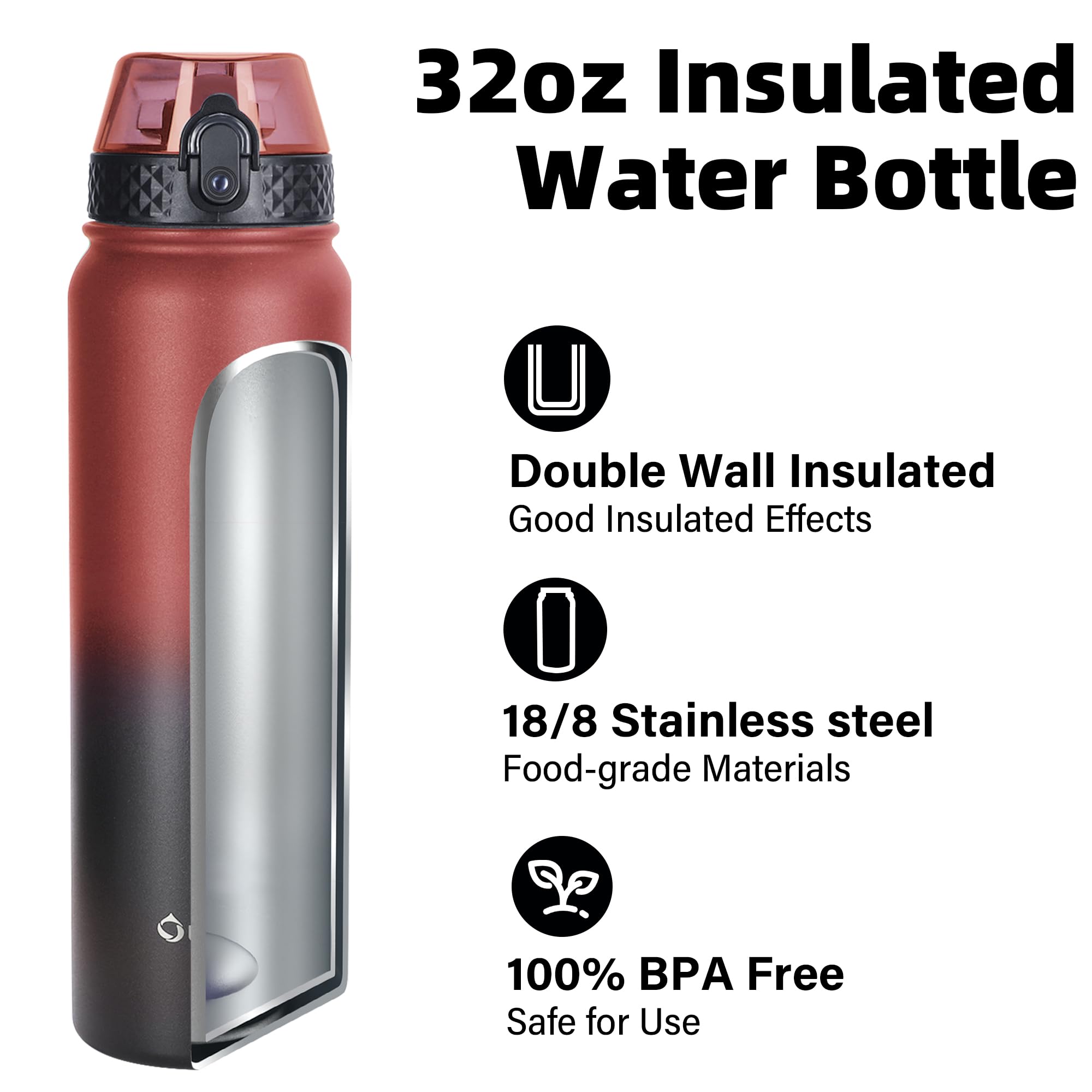 OLDLEY Stainless Steel Water Bottle with Straw 1L Vaccum Insulated Large Drink Flask Metal Water Bottles 1 Litre Leakproof Keep Drinks Hot Cold for Sports Gym with Different Lids(Purple Green, 3 Lids)