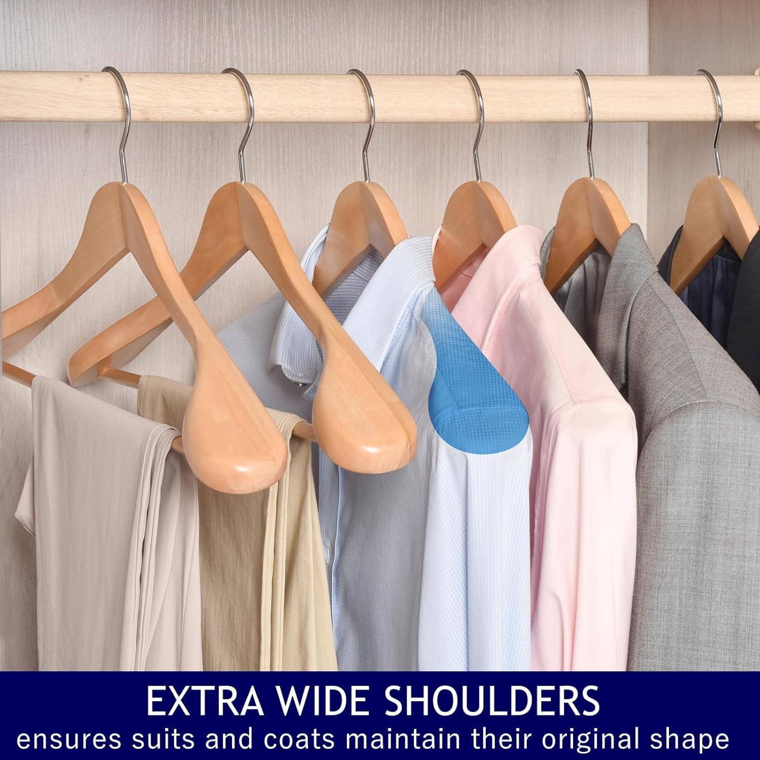 Amber Home 44.5cm Natural Wooden Suit Hangers 10pcs with Wide Shoulder, Heavy Duty Smooth Wood Coat Hanger with Non Slip Pants Bar, Solid Clothes