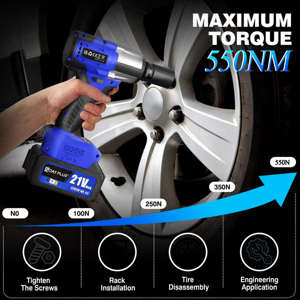 Cordless Impact Wrench,1/2" Brushless Power Impact Gun,2500RPM Electric Wrench, Max Torque 550N.m with 4 Sockets, 12PCS Screwdriver Bits, 4.0Ah Battery & Carry Box for Car Home