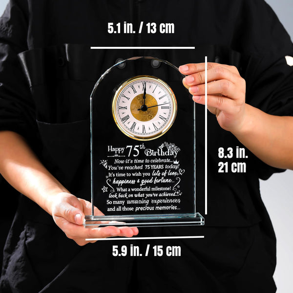 Happy 75th Birthday Quartz Clock Gifts for Women Men, Glass Keepsake Happy 75th Birthday Presents for Her Turning 75 Years Old Ornament