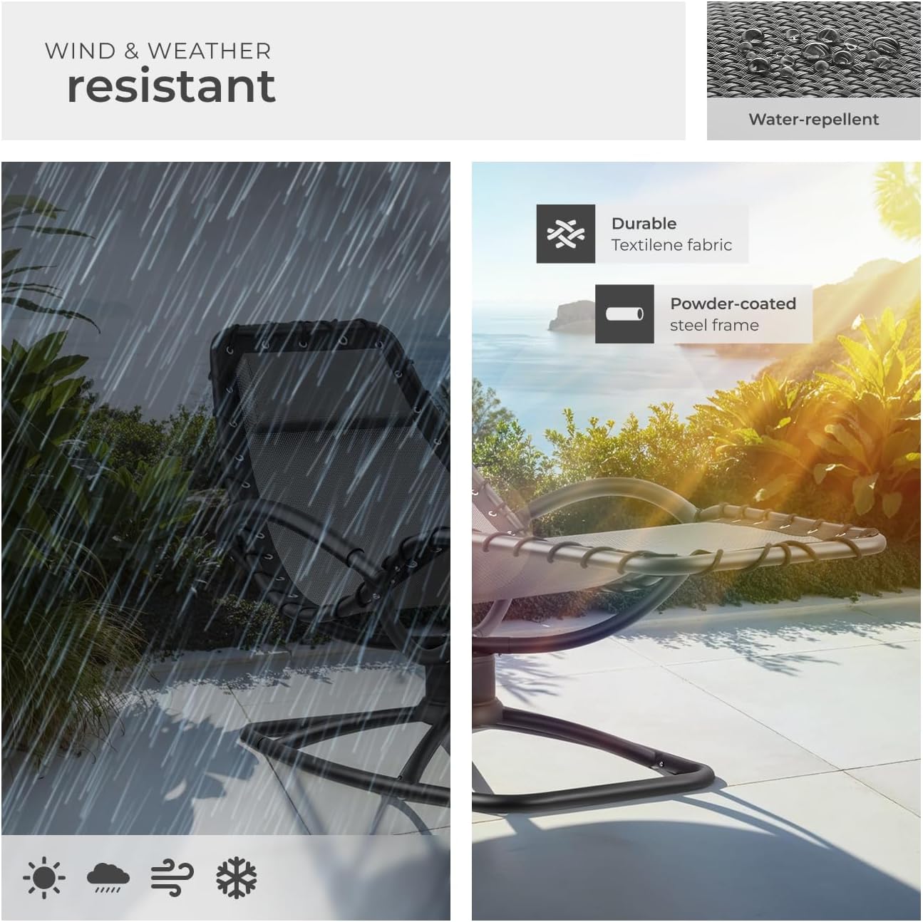 TecTake® Sun Lounger with Rocking Function, Ergonomic Garden Chair with Breathable Fabric, Thick Head Cushion, Curved Armrests & Sturdy Steel Frame, Outdoor Chair for Garden, Patio, Balcony - Grey