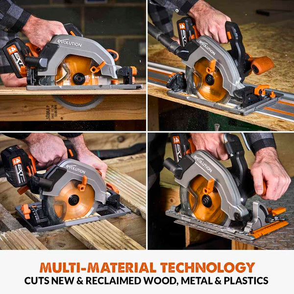 Evolution Power Tools R185CCSX Circular Saw With 1020 mm 3-Piece Track | Multi-Material Blade, Cuts Wood, Metal, Plastic & More | Incl Dust Port Adapter | 185mm (230v)