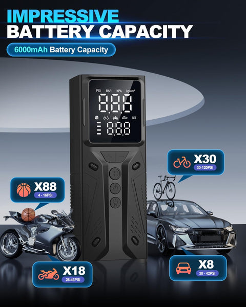 E-SMARTER Tyre Inflator Air Compressor, 6000mAh 150 PSI Bike Pump with Overinflate Protection, Fast Inflation Portable Tyre Inflator for Car LCD Display, Air Pump for Tyres and Other Inflatables