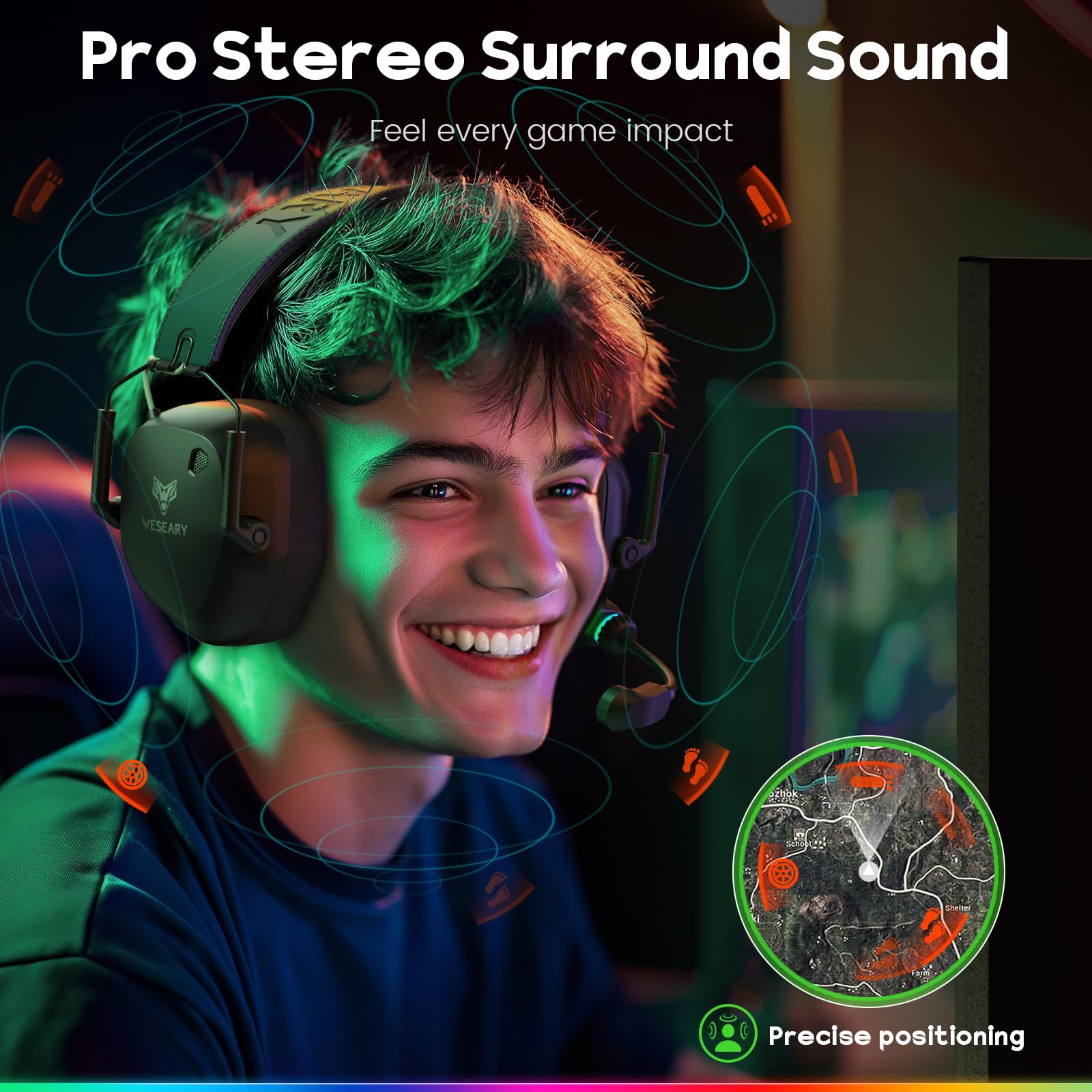 WESEARY Wireless Gaming Headset for PS5, PS4, Mac, Switch, Mobile, 2.4GHz Ultra-Low Latency Gaming Headphones with Crystal-Clear ENC Mic, Bluetooth Gaming Headset for PC, 3D Stereo