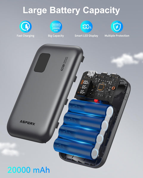 ASPERX 65W 20000mAh Power Bank Fast Charging, Laptop Portable Charger with Smart Digital Display, USB C PD Battery Pack for iPhone 16/15/14/13, Samsung Galaxy, Dell, iPad, AirPods, etc.