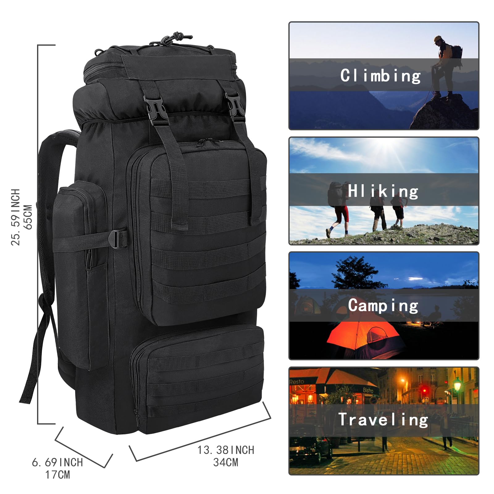 Ogetok 80L Hiking Backpack Camping Rucksack, 80 liters Large Capacity Outdoor Knapsack Travel Climbing Mountaineering Carry On Backpack Bag, Trekking Backpacking for Men Women, Black