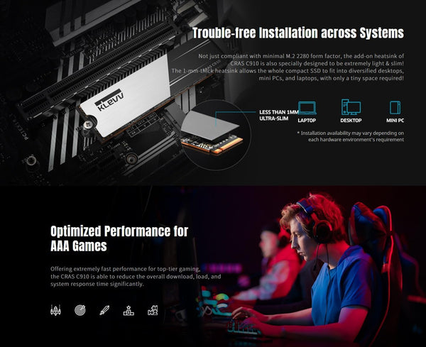 KLEVV CRAS C910 SSD 1TB, M.2 NVMe 2280, PCIe Gen4x4 Internal Solid state Drive with Heatsink, Up to 5000MB/s Data Transfer Speed, High-Performance Storage Solution