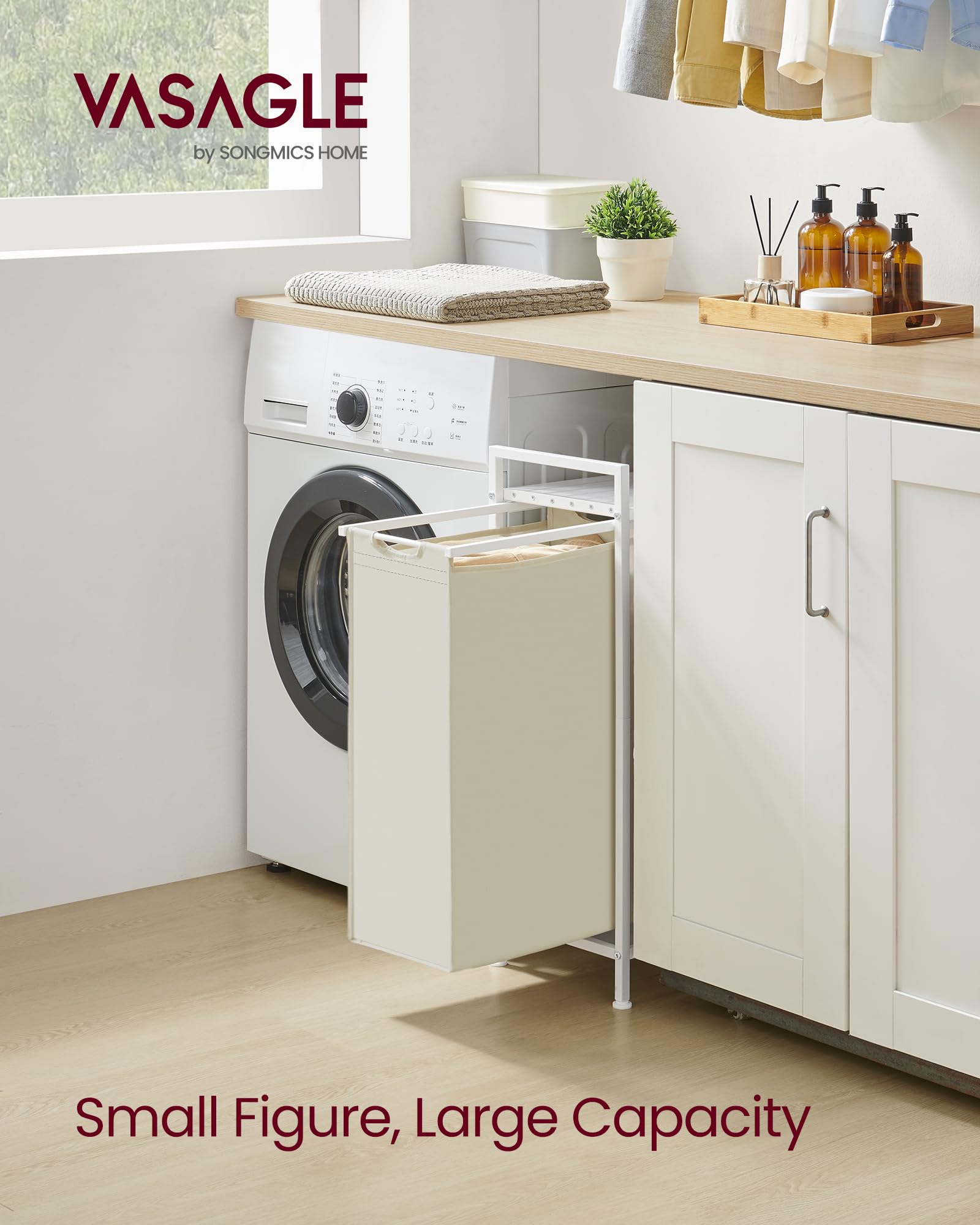 VASAGLE Laundry Basket, Laundry Hamper, Pull-Out and Removable Liner Bag, Shelf, Metal Frame, 65 L, 50 x 33 x 72 cm, Ink Black and Rustic Brown BLH101B01