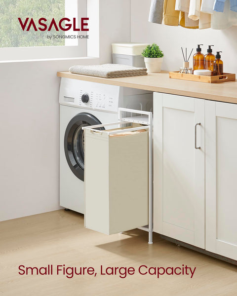 VASAGLE Laundry Basket, Laundry Hamper, Pull-Out and Removable Liner Bag, Shelf, Metal Frame, 65 L, 50 x 33 x 72 cm, Ink Black and Rustic Brown BLH101B01