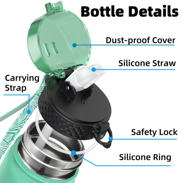 OLDLEY Stainless Steel Water Bottle with Straw 1L Vaccum Insulated Large Drink Flask Metal Water Bottles 1 Litre Leakproof Keep Drinks Hot Cold for Sports Gym with Different Lids(Purple Green, 3 Lids)