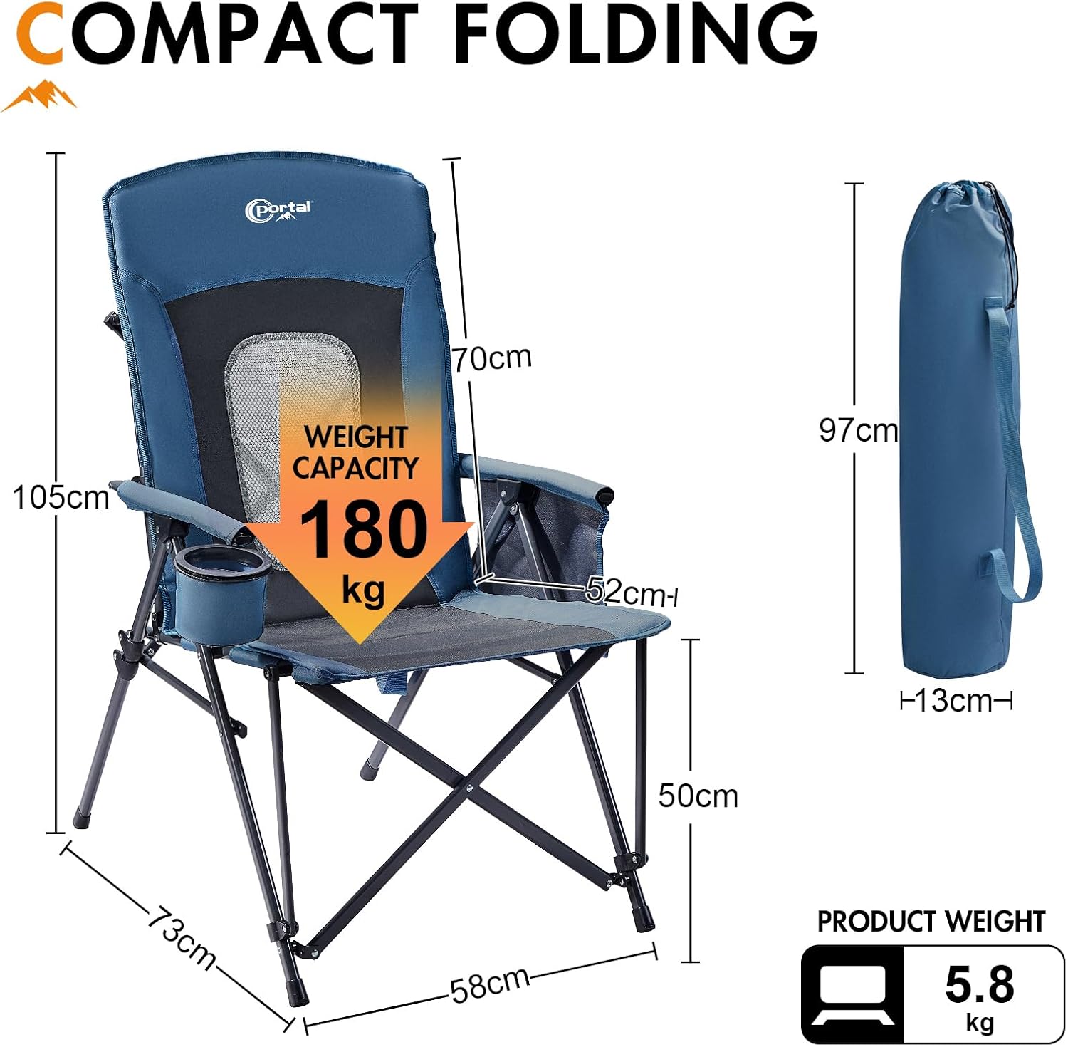Portal Folding Camping Chair for Adults High Back Heavy Duty 180KG Load Foldable Garden Picnic Festival Collapsible Chair Oversized Hard Armrests Mesh Back Portable for Fishing Beach Patio