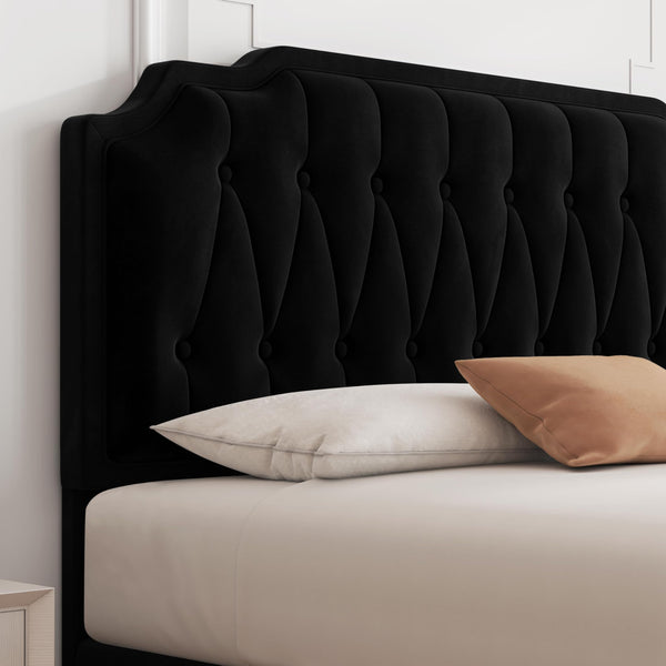 Yaheetech 5ft King Bed Frame Upholstered Platform Bed with Adjustable Button Tufted Headboard/Velvet Fabric/Sturdy Wooden Slat Support/No Box Spring Needed, Dark Grey King Bed