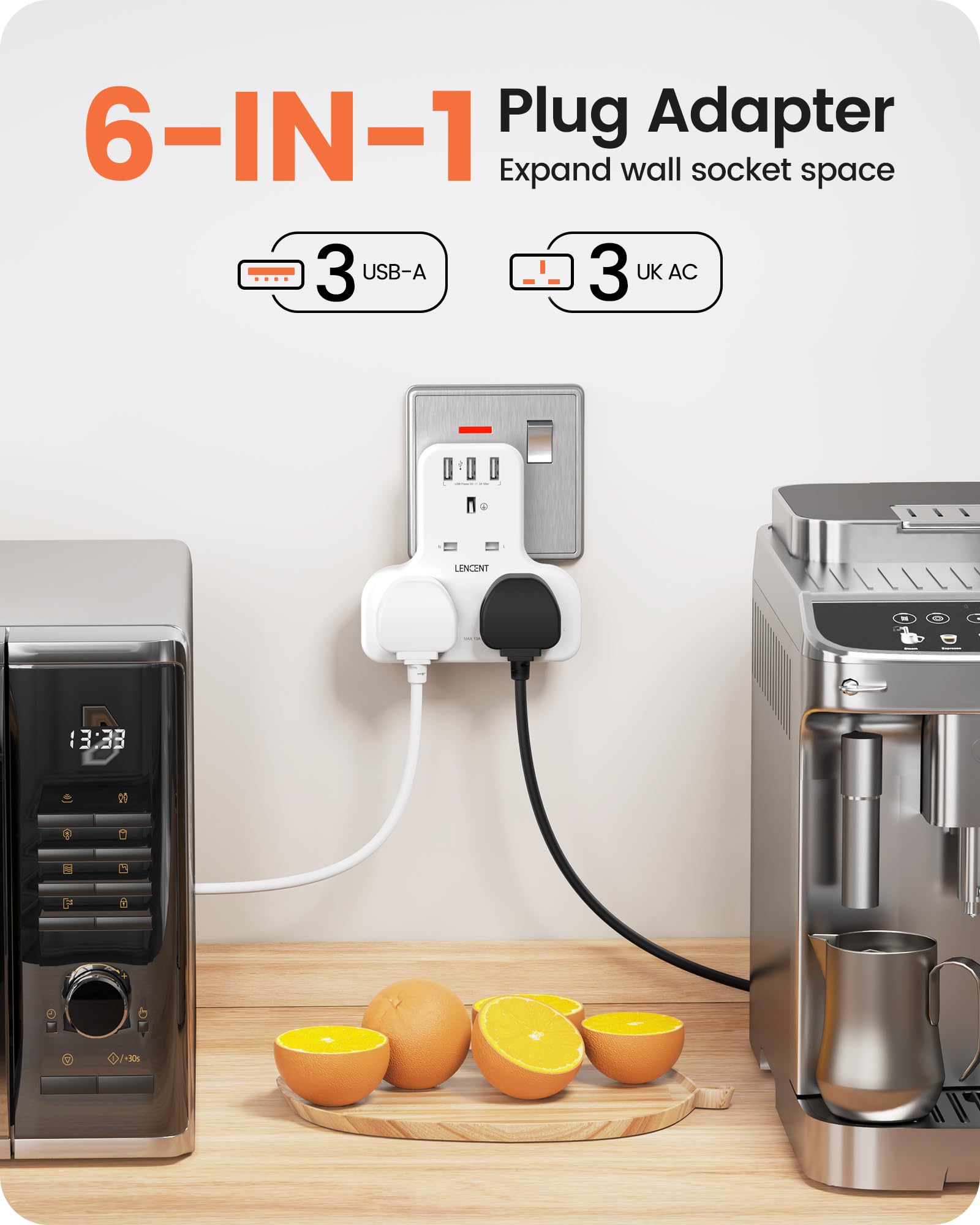 LENCENT Plug Extension Socket, 3 Way Multi Plug Socket with 3 USB Ports, Power Extender Wall Adaptor for Household Appliances, Iphone, Smartphone, Tablet, Home, Office, Bedroom, 13A 3250W