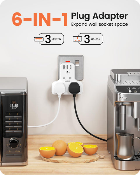LENCENT Plug Extension Socket, 3 Way Multi Plug Socket with 3 USB Ports, Power Extender Wall Adaptor for Household Appliances, Iphone, Smartphone, Tablet, Home, Office, Bedroom, 13A 3250W