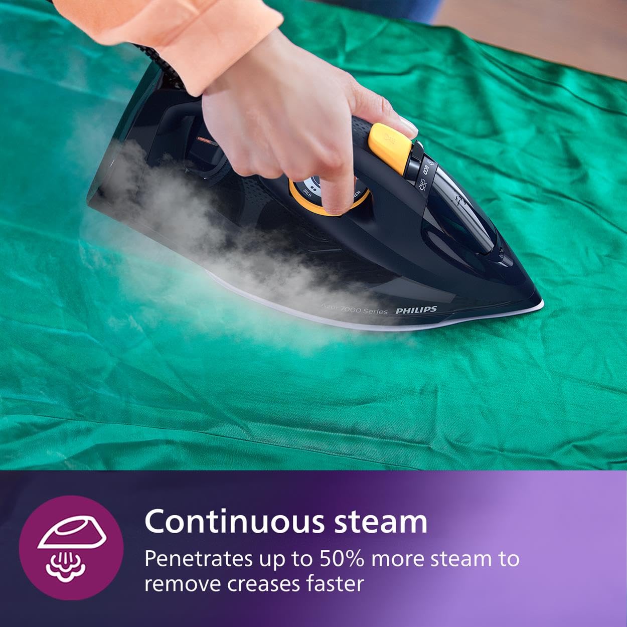 Philips 7000 Series Steam Iron, Powerful 3000W, 50g/min Steam, 250g Steam Boost, SteamGlide Elite Soleplate for Smooth Gliding, Blue/Yellow