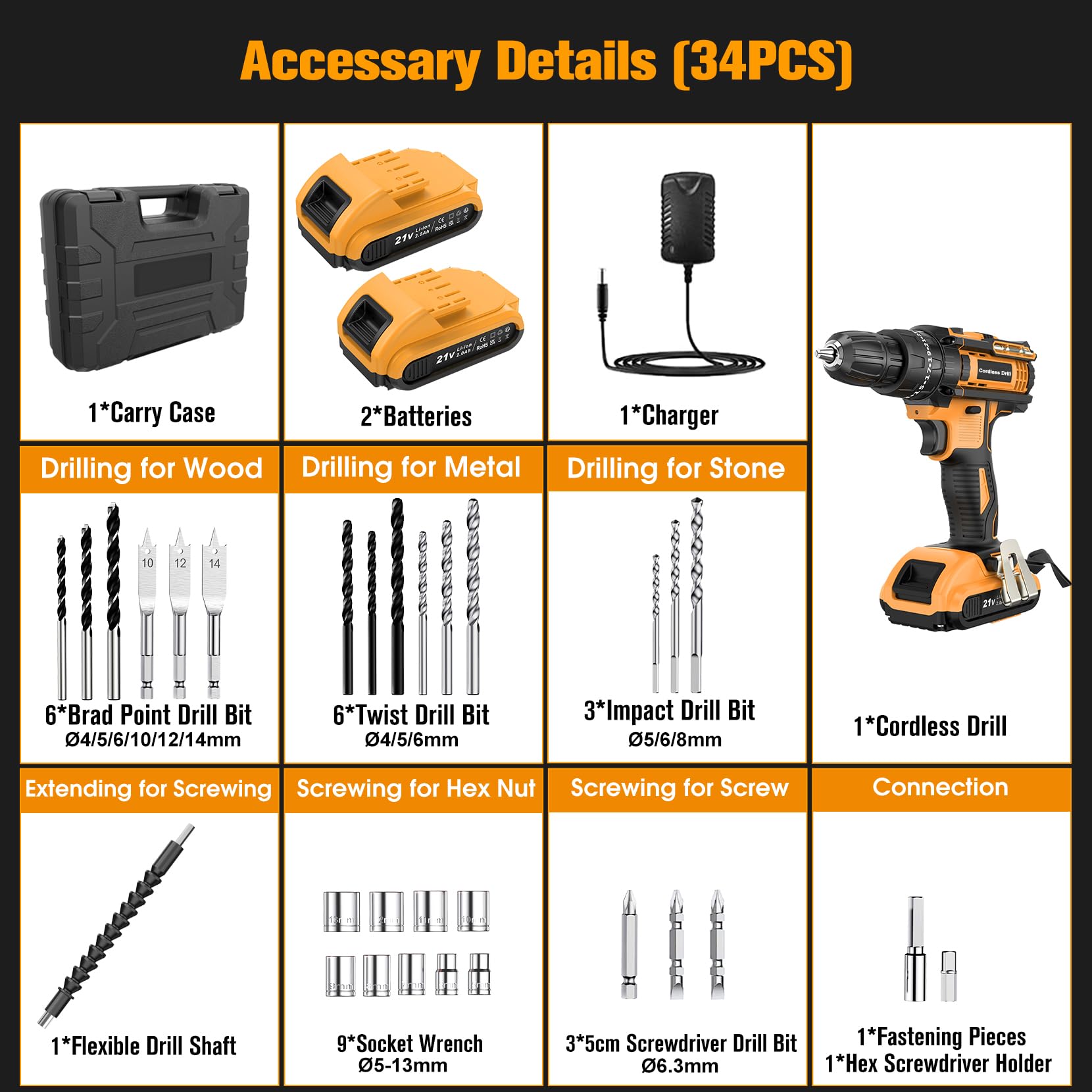 JYGMPRO Cordless Drill Driver 21V, Hammer Drill with 2 Batteries 2000mAh, 25+3 Torque, 42N.m Max Electric Drill, 30PCS Drill Bits, 2 Speed, LED Light for Home and Garden DIY Project