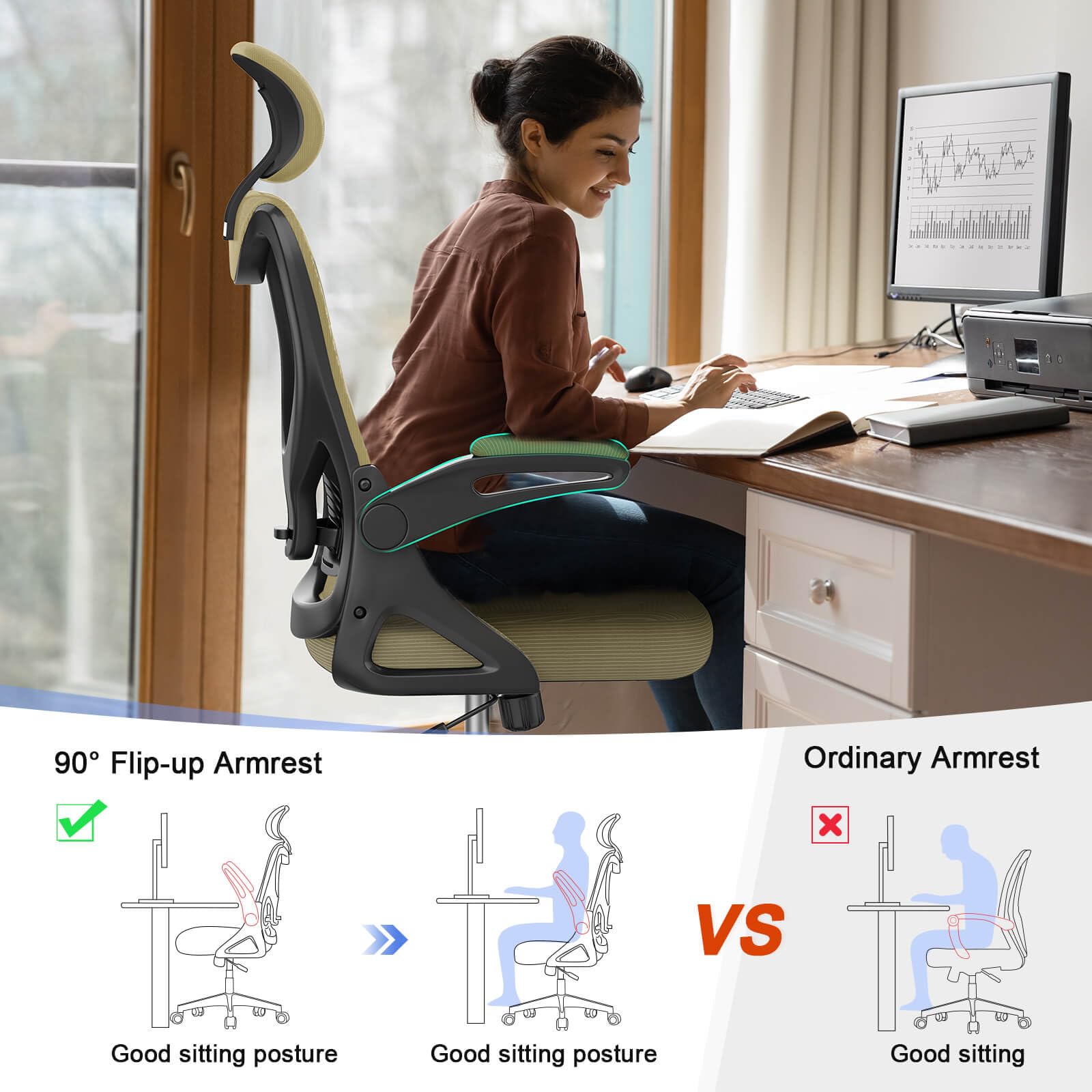 Office Chair - Ergonomic Desk Chair with Lumbar Support Headrest Adjustable, Padded Flip-up Armrests Comfy Seat Cushion High Back Executive Manager Chair For Home Office