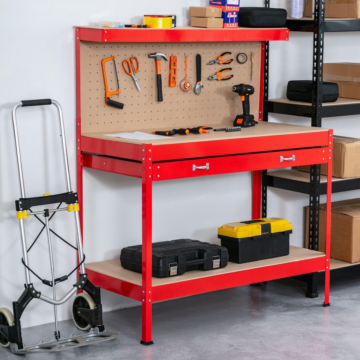 SwitZer New Red Steel Garage Tool Box Toolbox Work Bench Workbench Storage With Drawers Pegboard and 20 Pegs Shelf DIY Workshop Station