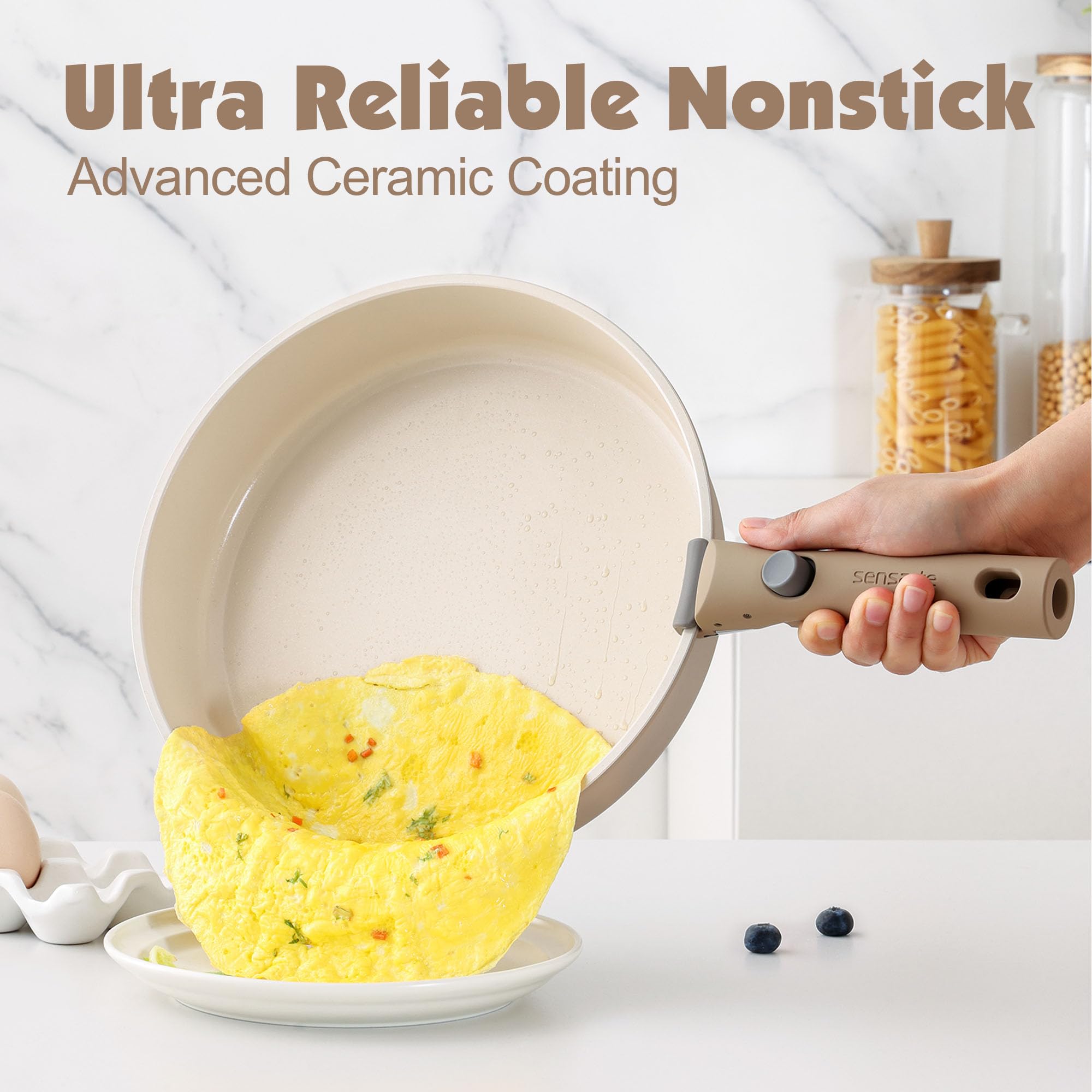 SENSARTE 17 Piece Pots and Pans Set, Nonstick Detachable Handle Cookware, Induction Kitchen Cookware Set with Removable Handle, Healthy Non Stick RV Cookware, Oven Safe (Black)