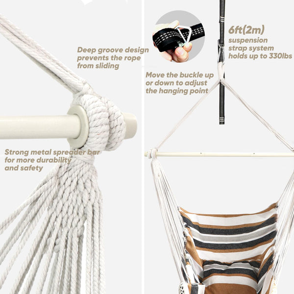 Chihee Hammock Chair Hanging Swing Max 500 Lbs 2 Cushions Included Steel Spreader Bar with Anti-Slip Grooves Portable Hanging Chair Side Pocket Large