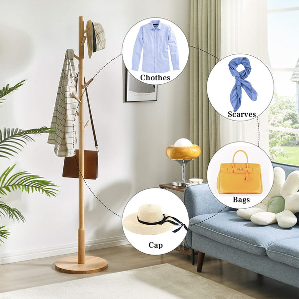 IBUYKE Free Standing Hall Coat Tree with 8 Hooks, Stand Tree Rack with Round Base, Entryway Coat Stand for Purses, Clothes, Scarves, for Hallway,