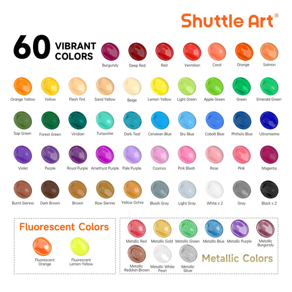 Shuttle Art 72 Pack Acrylic Paints Set, 60 Colours Acrylic Paint (2oz,60ml) with Extra White Black & 12 Brushes, Rich Pigmented, Water Proof, Ideal