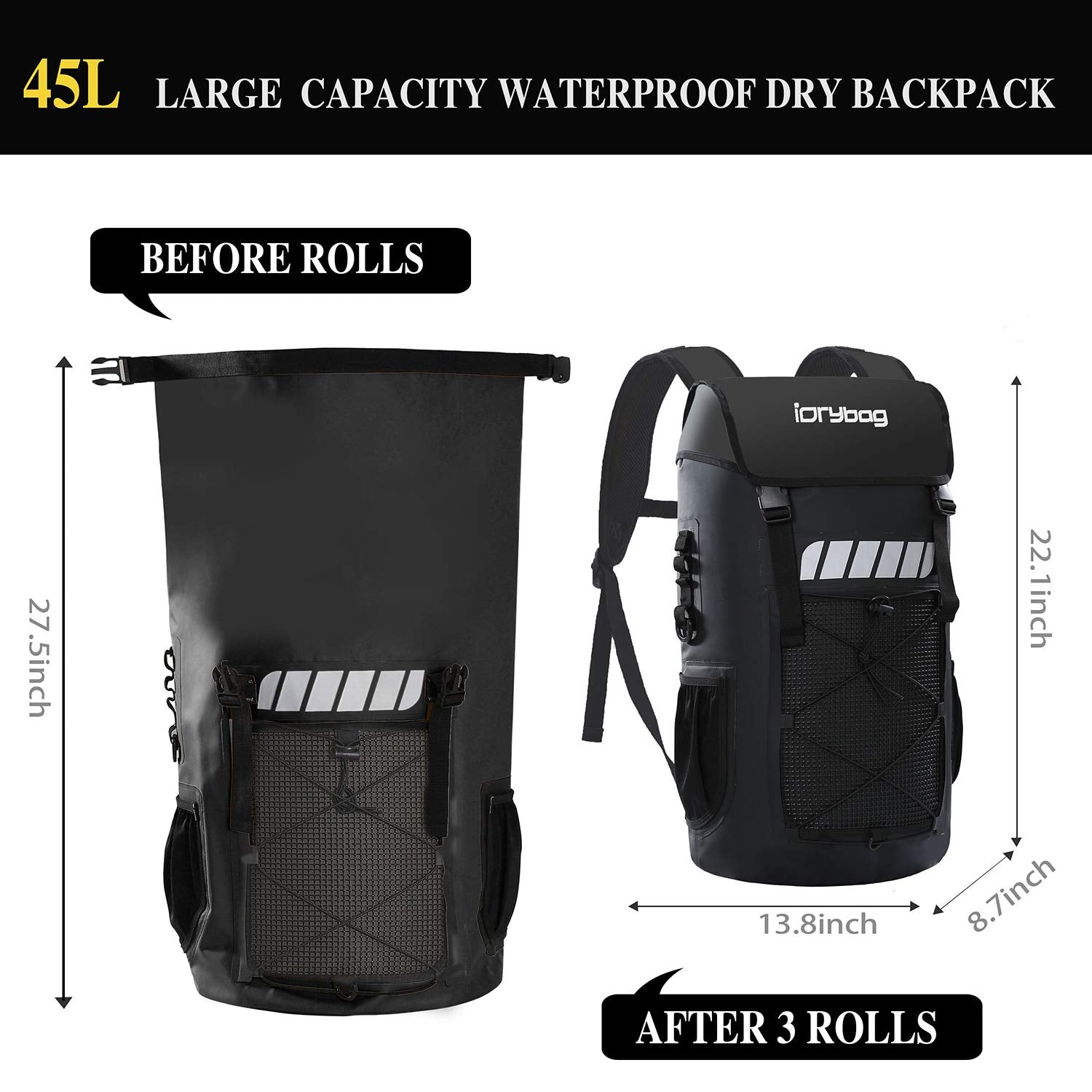 IDRYBAG Waterproof Backpack for Men 25L/45L, Dry Bags Waterproof Bag Kayak, Waterproof Dry Bag Backpack Hiking