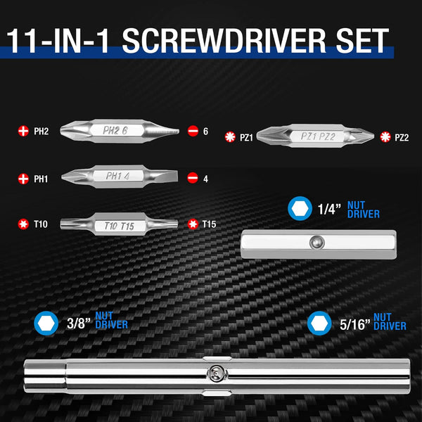 WORKPRO 11 in 1 Multi-bit Screwdriver, Reversible Screwdriver with Phillips/Slotted/Torx/Pozidriv, 4 Interchangeable Multibits and 3 Sockets for DIY, Repair