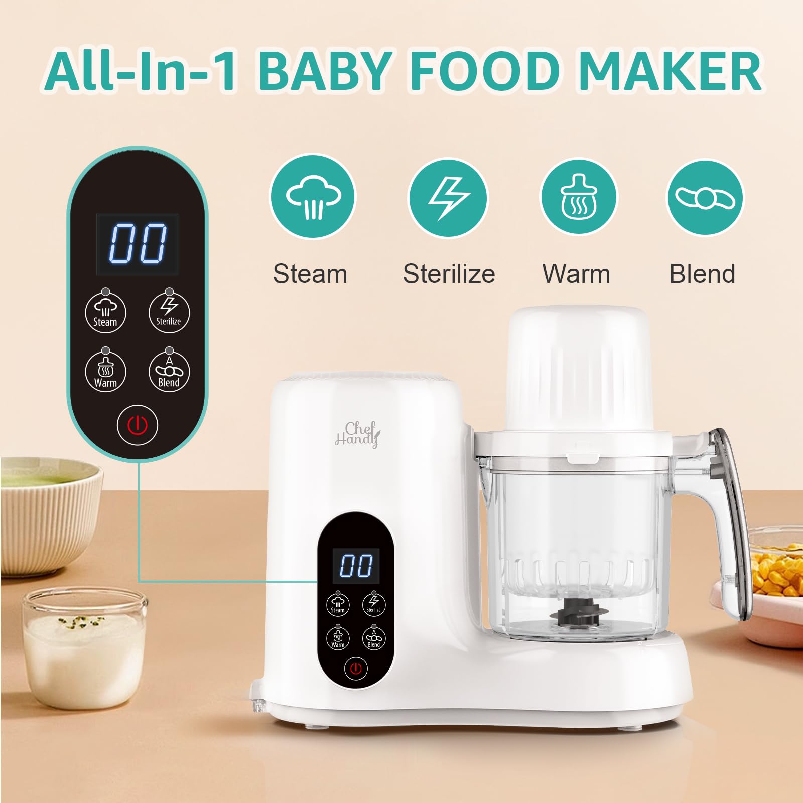 Chefhandy Baby Food Maker, 5 in 1 Baby Food Processor with Stainless Steel Steam Basket, Food Puree Maker with Steamer, Blender, Bottle Warmer Function, Auto Cooking & Grinding, Touchscreen (Green)