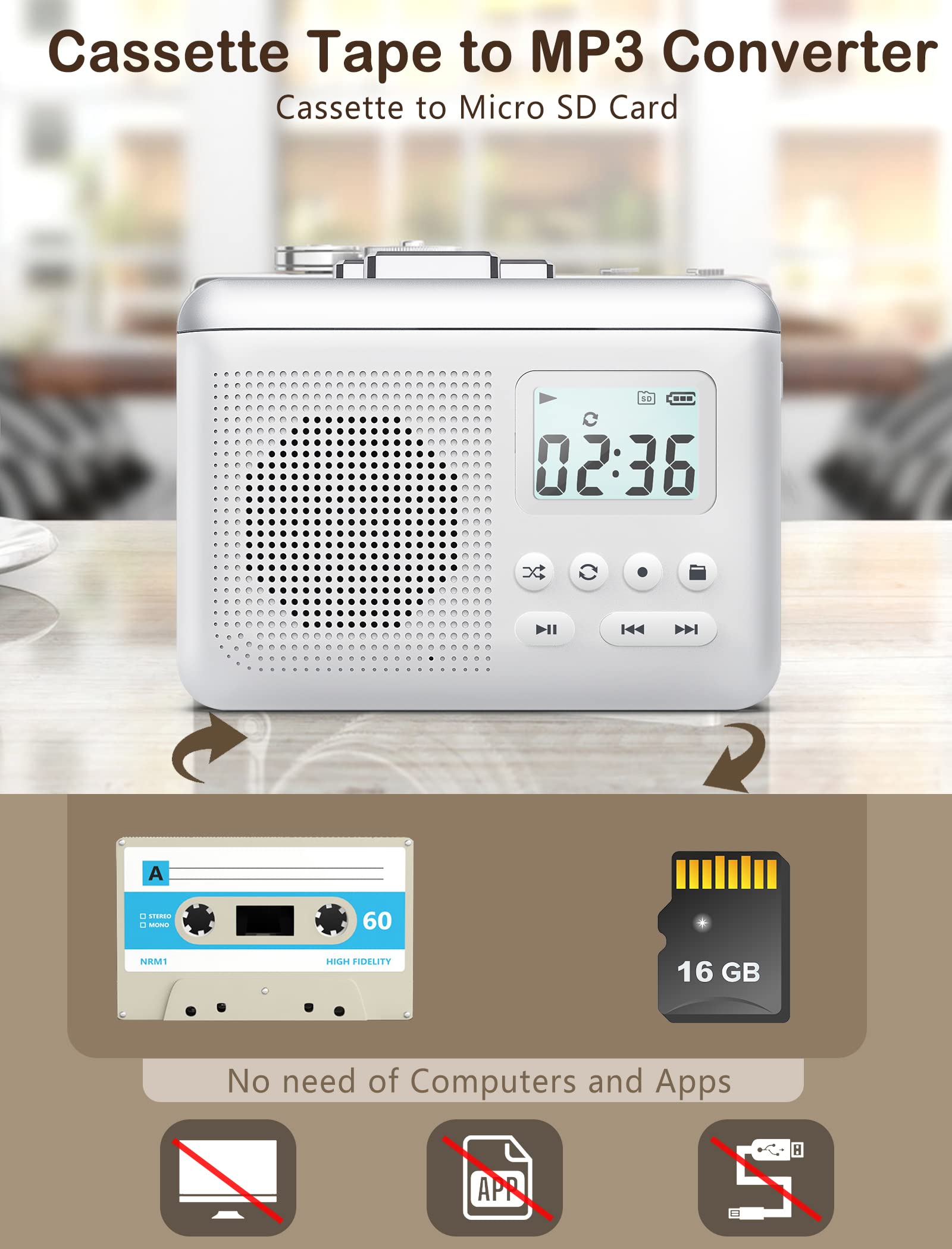 Gracioso Portable Cassette Player Recorder Converter,Cassette to MP3 via SD Card,Walkman Cassette Tape Player with 1000mah Rechargeable Battery,Built-in Microphone&Speaker,Headphone Jack,16GB SD Card