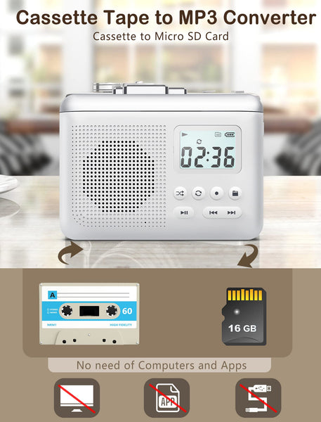 Gracioso Portable Cassette Player Recorder Converter,Cassette to MP3 via SD Card,Walkman Cassette Tape Player with 1000mah Rechargeable Battery,Built-in Microphone&Speaker,Headphone Jack,16GB SD Card