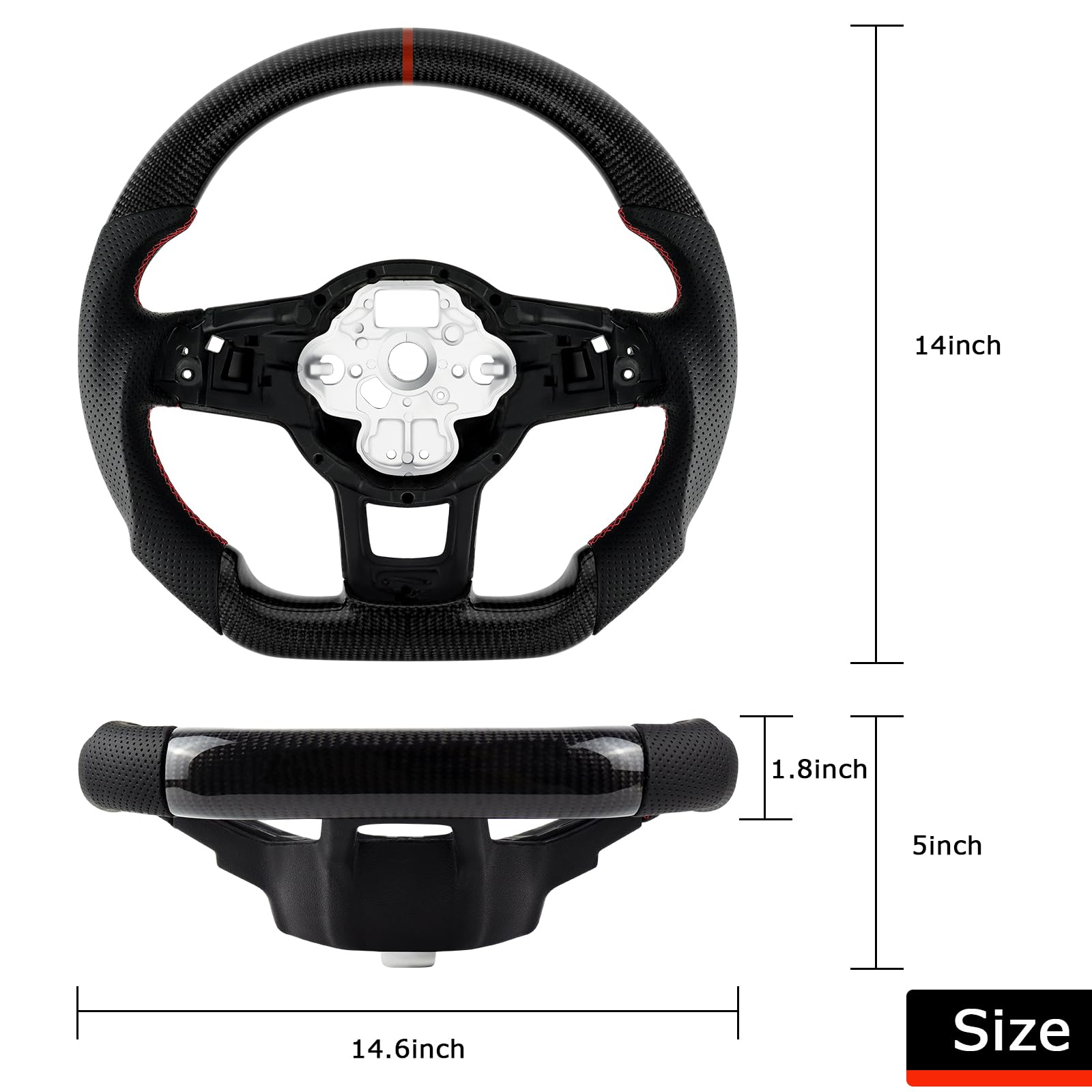 Acclcors Carbon Fiber Steering Wheel, D-Shaped Flat-Bottomed Steering Wheel with Red Stitching, Perforated Leather Grip for VW Volkswagen Golf MK6 2008-2014
