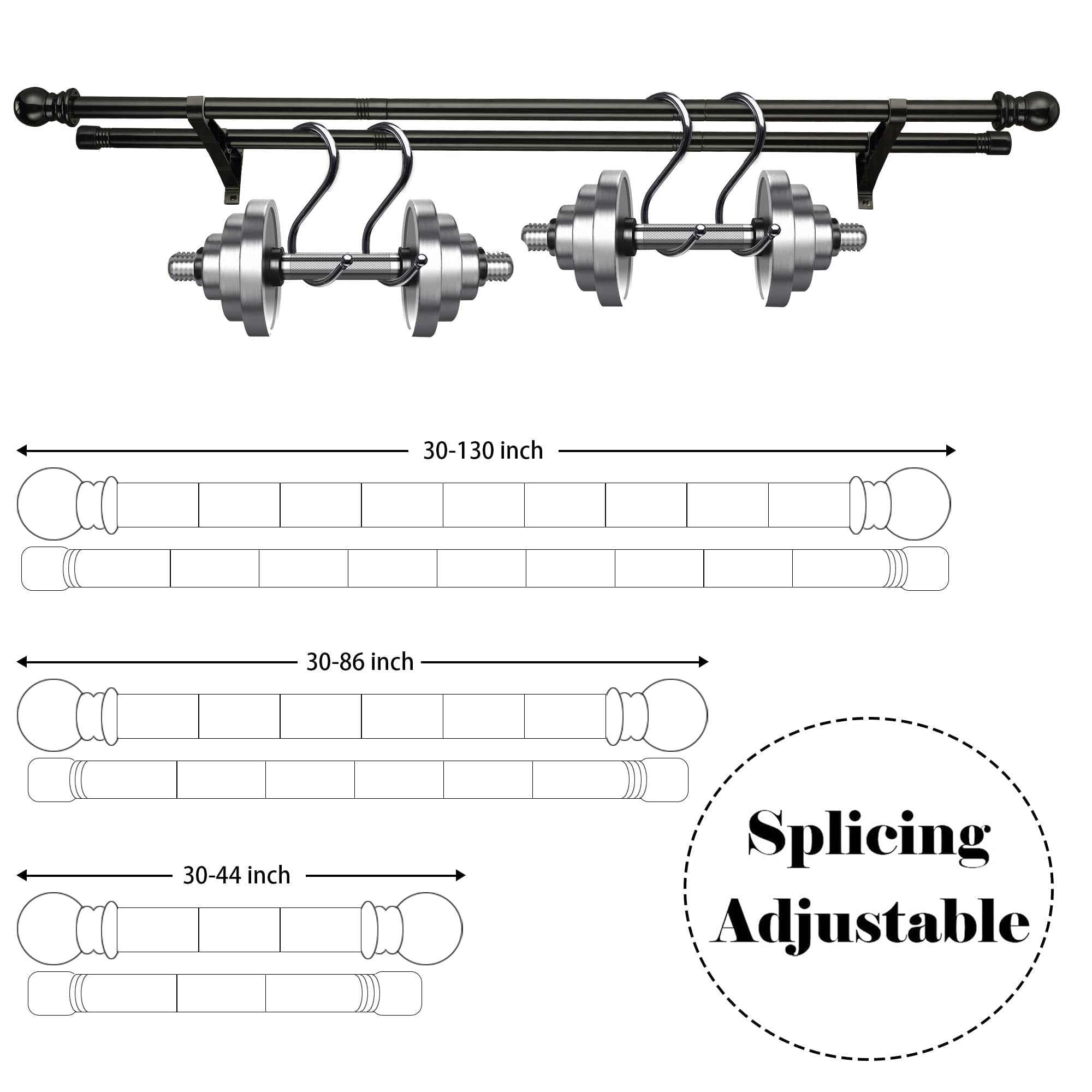 Harrms Double Curtain Pole for Eyelet Curtains - Black, Extendable Metal Rod 76-368cm - Room Darkening for Blackout and Voile Curtains