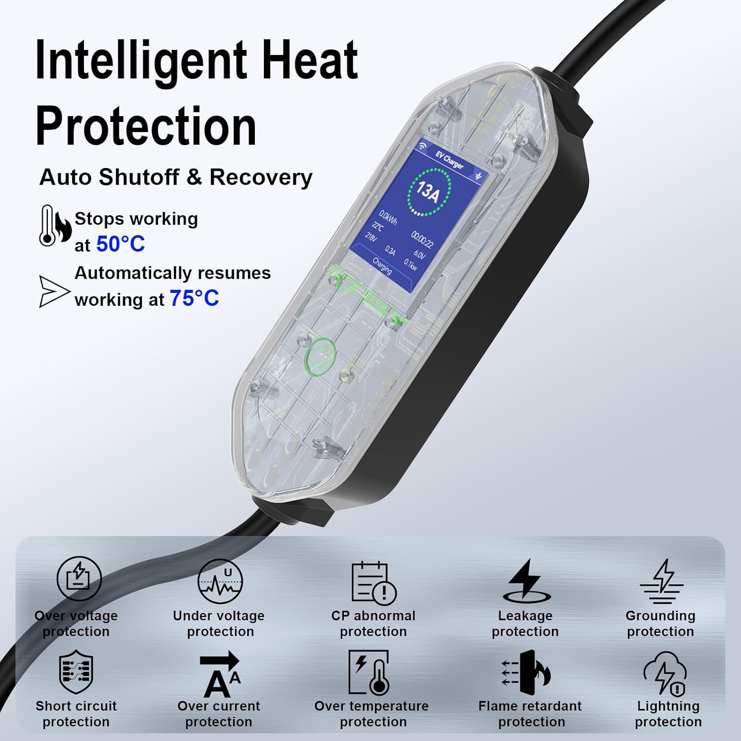 Ev Charger Cable Type 2 to 3 Pin UK Plug 10M/32.8ft, 3KW 13A with Adjustable Current, Includes UI Display Screen, Storage Bag & Wall Mount