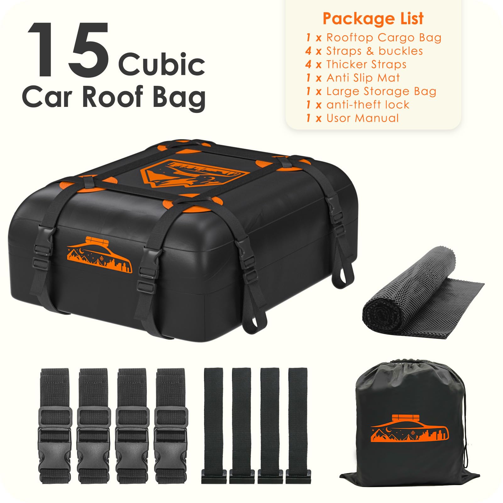 Rymopuey Roof Bag 15 Cubic/425 L, Waterproof Car Roof Bag No Rack Needed, Roof Box with Anti-Slip Mat and 6 Heavy-Duty Straps, Folding Soft Car Roof Box for Cars with/Without Rack (Blue 425 L)