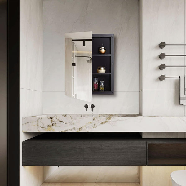 Fundin Black Plastic Mirror Cabinet with Polished Edge Mirror Door, Recessed and Surface Mount, 40 x 51 cm