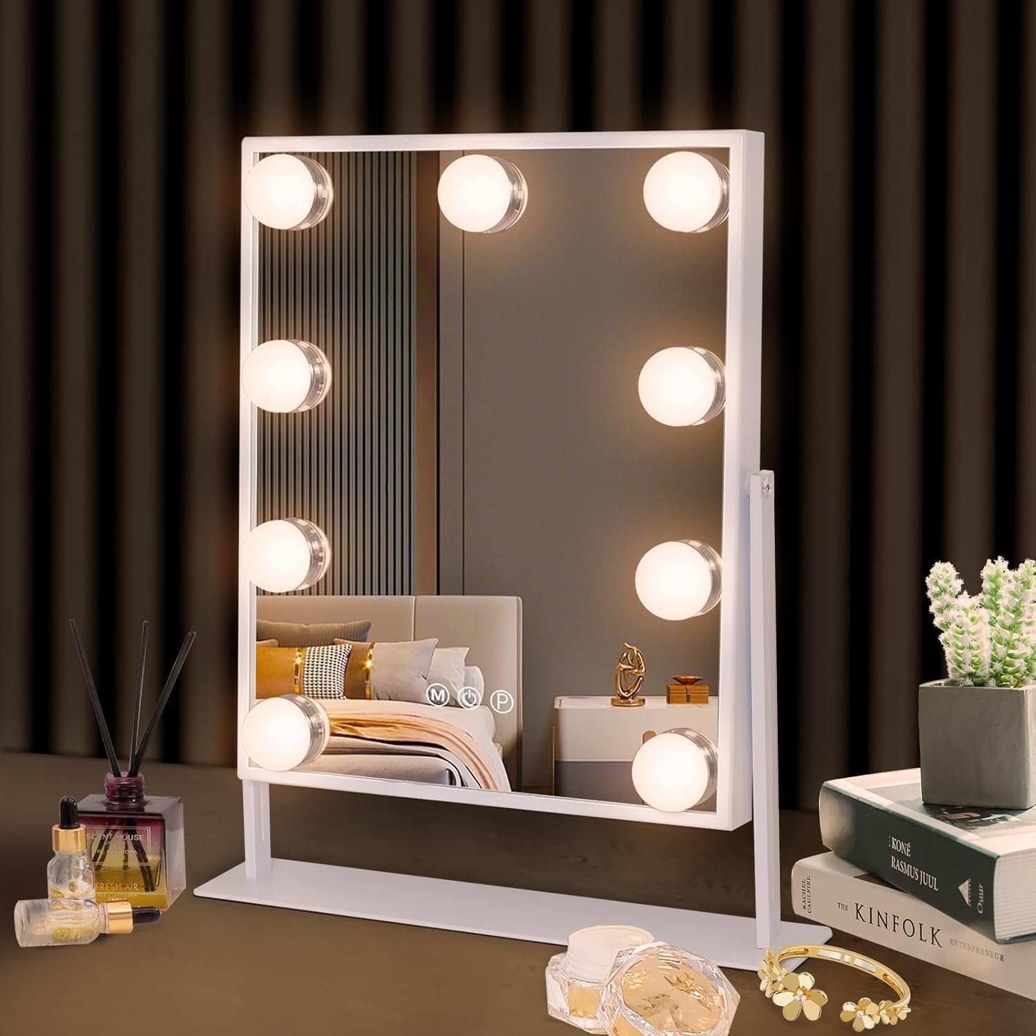 Hansong Vanity Mirror with Lights Light up Vanity Makeup Mirror with 9 LED Bulbs Tabletop Plug in Makeup Mirror with Lights 360 Rotation with 10x